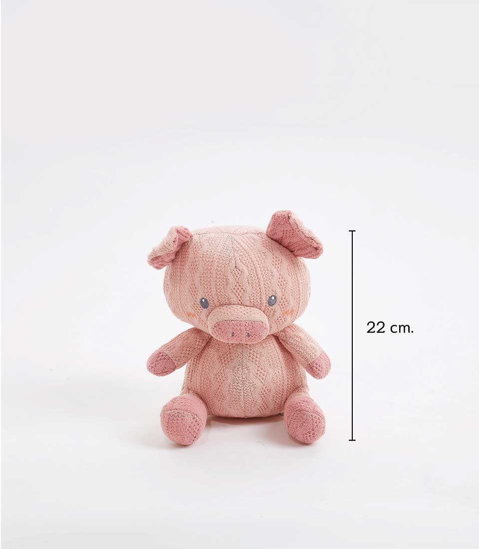 Front view of a pink crocheted pig plush toy, measuring 22 cm tall. The toy features a soft, textured exterior with embroidered eyes and a cute snout, designed for newborns and young children.