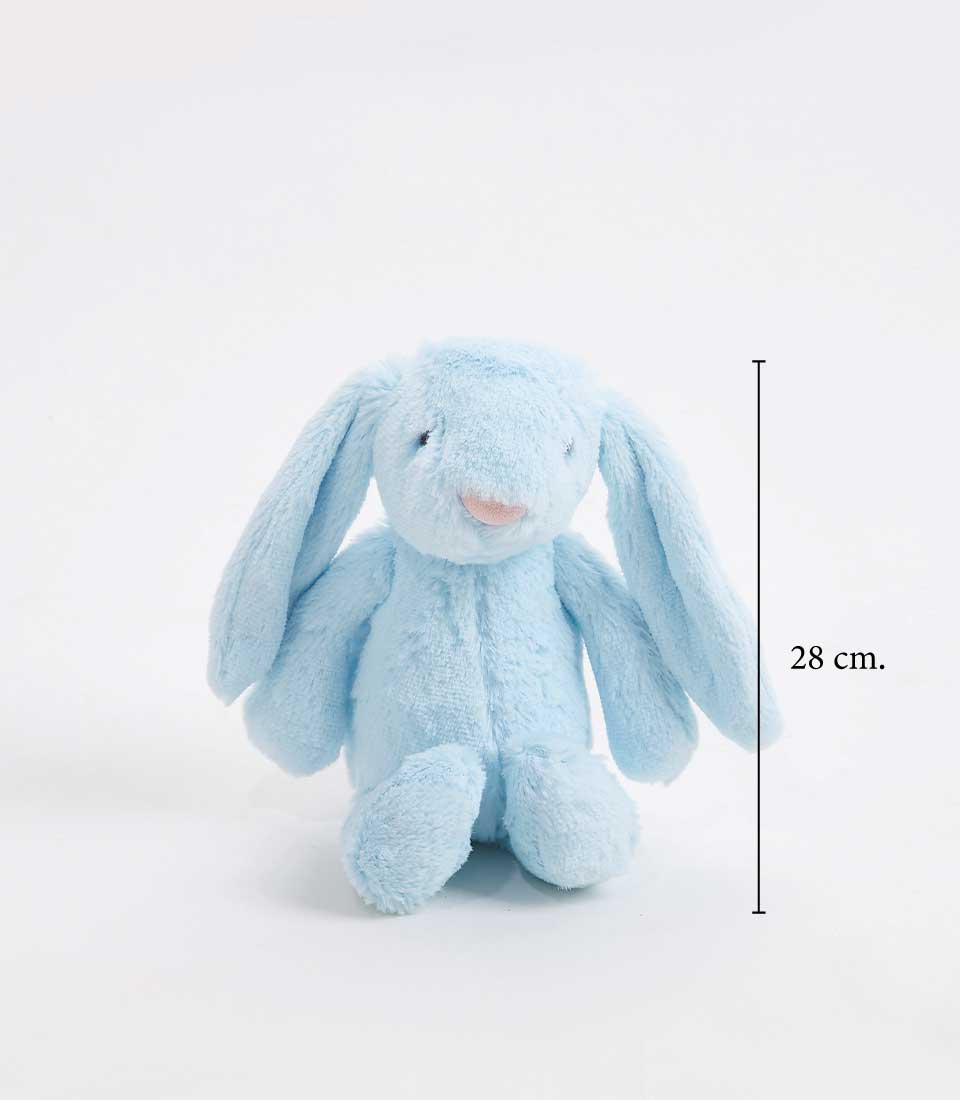 28 cm soft blue plush bunny toy with long floppy ears and an embroidered face, sitting against a plain background.
