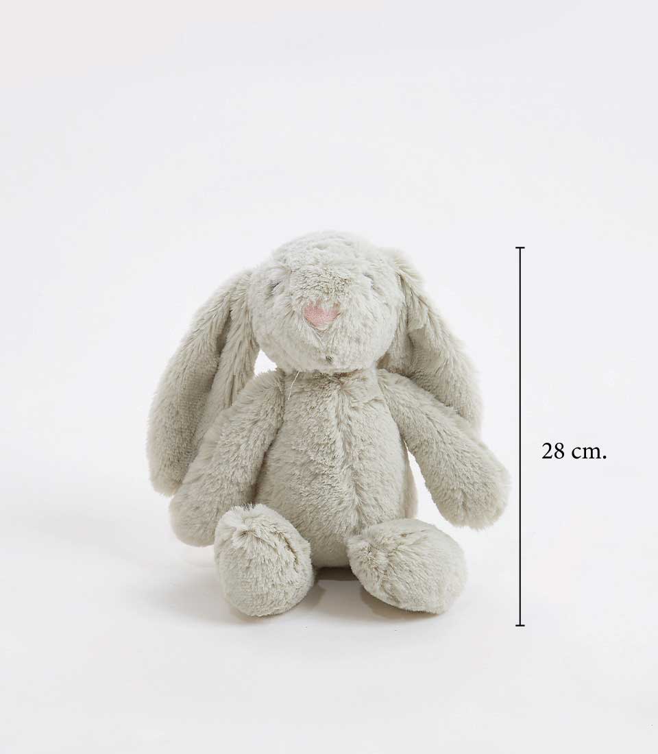 28 cm soft gray plush bunny toy with long floppy ears and an embroidered face, sitting against a plain background.