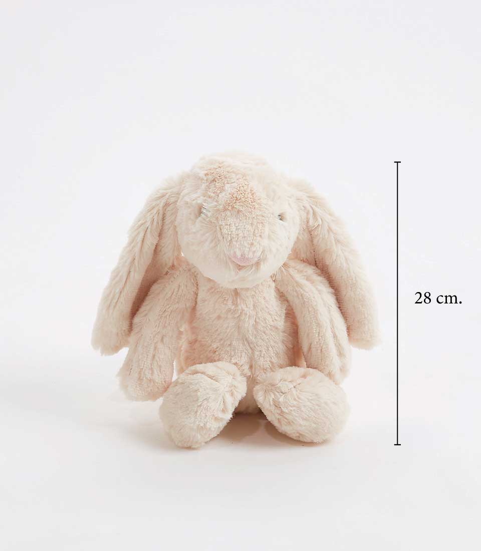 28 cm soft beige plush bunny toy with long floppy ears and an embroidered face, designed for cuddling and play