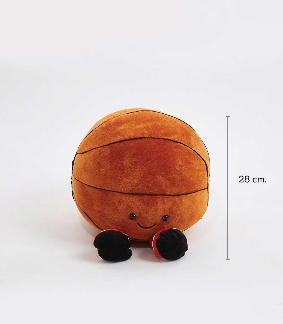 A plush toy resembling a basketball with a happy face and small black and red feet. The toy is shown against a plain background with a height marker indicating it is 28 cm tall.