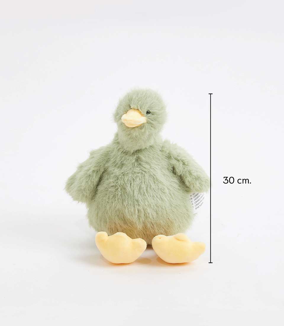 A fluffy, light green stuffed duck with yellow beak and feet is shown against a white background. A vertical line on the right side of the duck indicates its height as 30 cm.