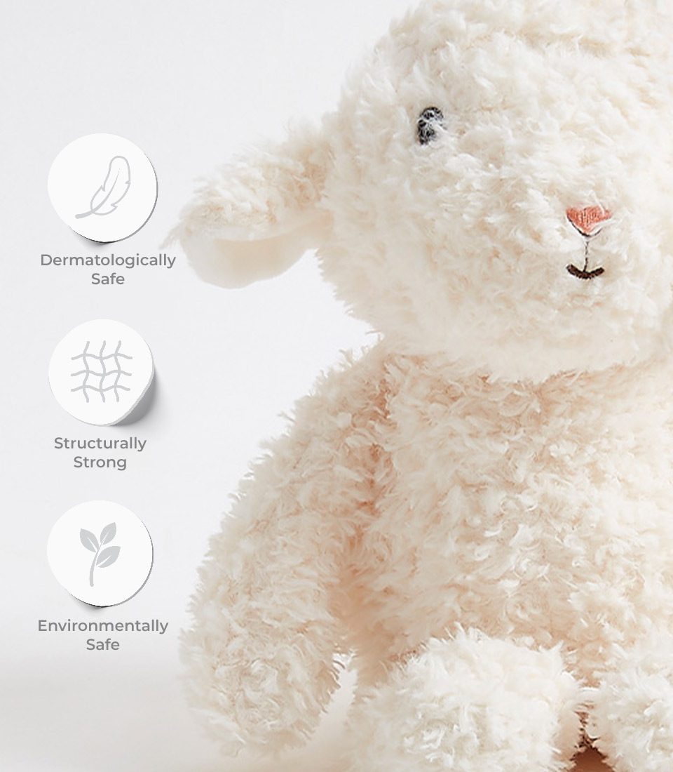 A soft, plush white stuffed animal, resembling a lamb, is shown on the right side of the image. On the left, three circular icons with text read: 