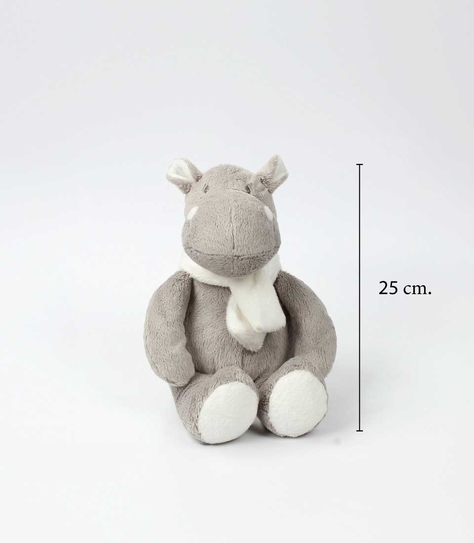 A gray and white stuffed hippopotamus toy sitting upright on a white surface. The toy measures 25 cm in height and has a white scarf around its neck. The background is plain white.
