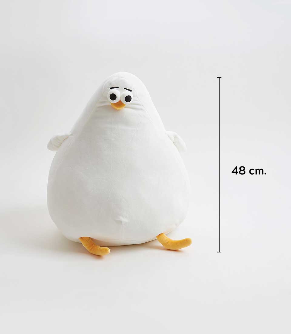 A Plush White Oddy Soft Toy resembling a white bird with a rotund body, small wings, and yellow feet. The toy has large, expressive eyes and a slightly worried expression. It measures 48 cm in height, as indicated by a measurement line next to it.