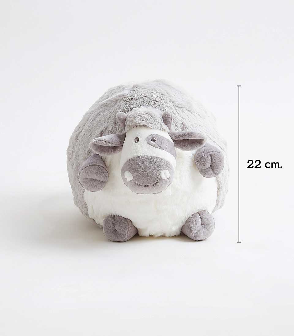 A chubby sheep soft toy shaped like a round, cheerful sheep with a grey face, legs, and ears, and a white belly. Its soft, fuzzy texture makes it perfect for cuddling. Standing 22 cm tall by the measurement line on the right side of the image, this plush is set against a plain white background.