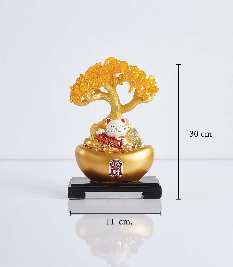 Golden money tree statue with a Maneki-neko lucky cat, measuring 30 cm tall and 11 cm wide.