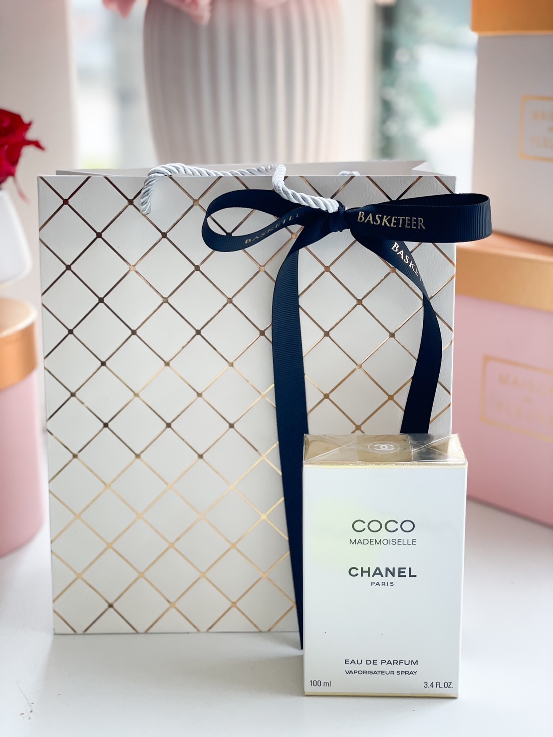 Chanel Coco Mademoiselle Eau de Parfum (100ml) with a luxury Basketeer gift bag and ribbon, perfect for birthday, anniversary, and Valentine’s Day gifts.