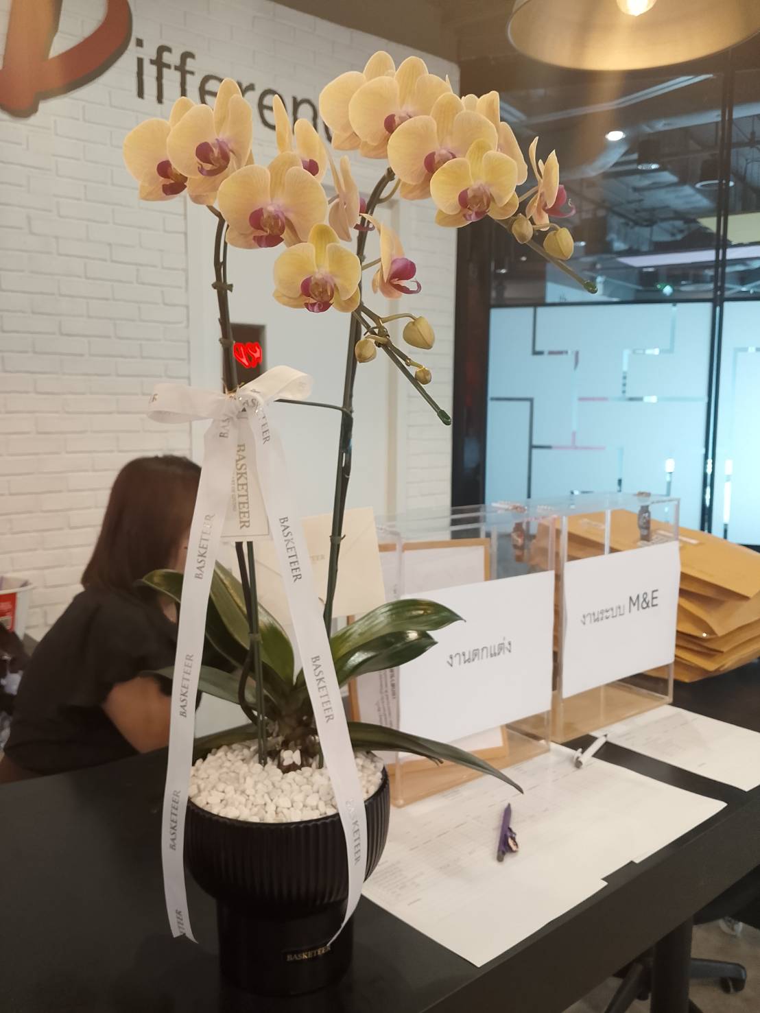 A Sunshine Serenade Orchid with purple centres and a white ribbon sits on a black counter near labelled paperwork and folders in a modern office setting. A person is partially visible in the background.
