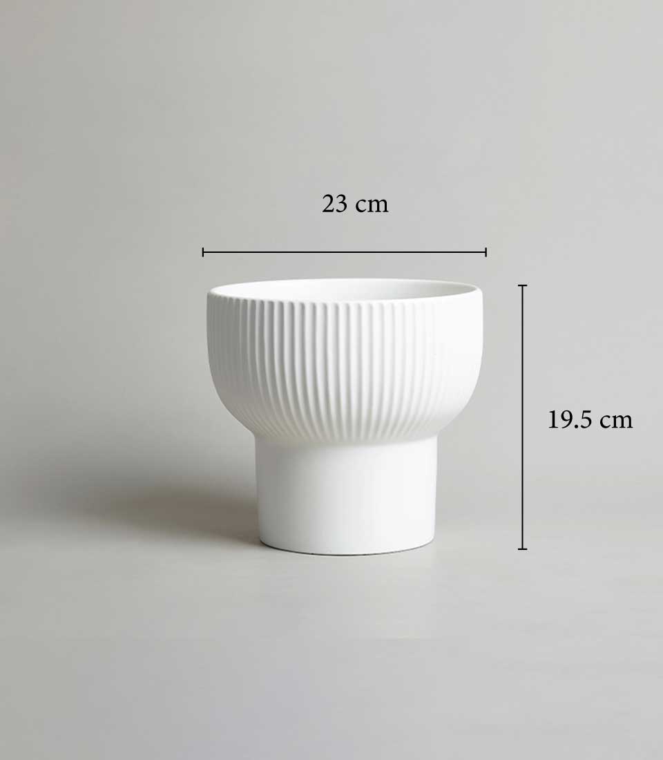 A white, modern ceramic planter with ribbed detailing on the upper portion is displayed against a plain background, evoking a sense of White Orchid Grandeur. Its dimensions are labeled: 23 cm in diameter and 19.5 cm in height.