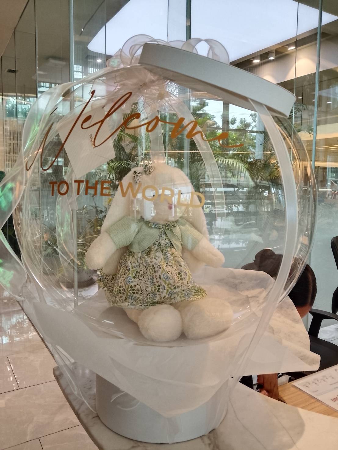 Transparent balloon gift with "Welcome to the World" text, featuring a plush bunny in a floral dress, tied with white ribbon.