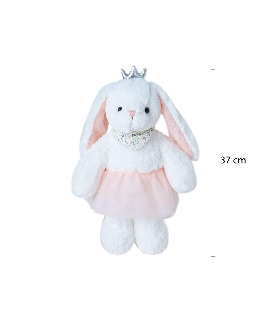 A white plush bunny dressed in a pink tutu and wearing a small silver crown, standing upright. The bunny also has a decorative floral collar. A measurement line beside it indicates its height as 37 cm.