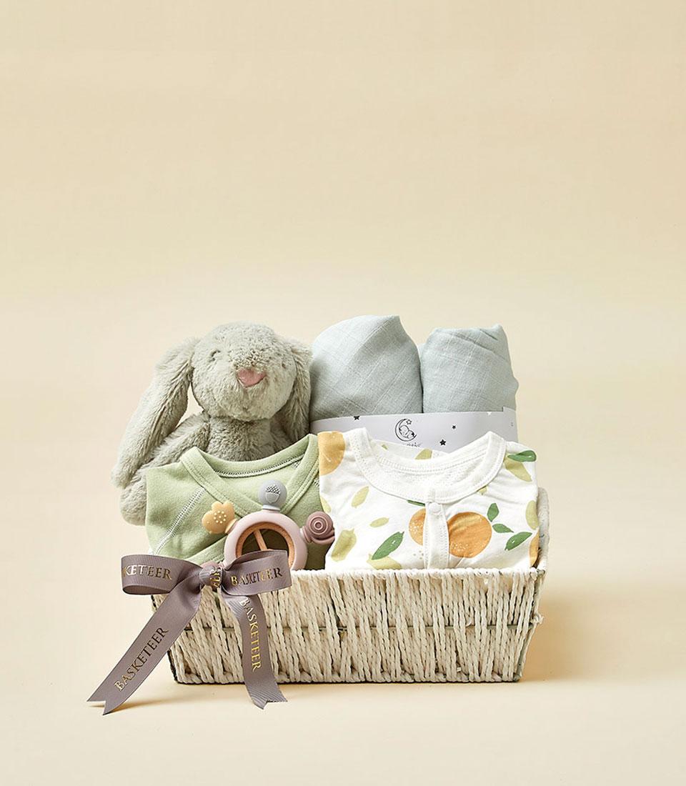 A gift basket labeled 