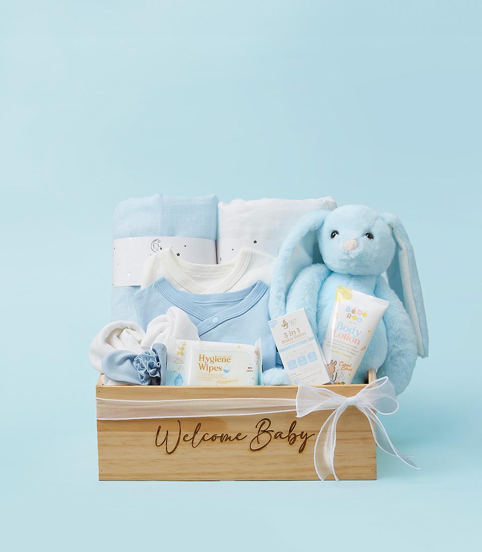 A blue wooden crate filled with baby essentials, including a plush bunny, clothes, a blanket, and baby care products.