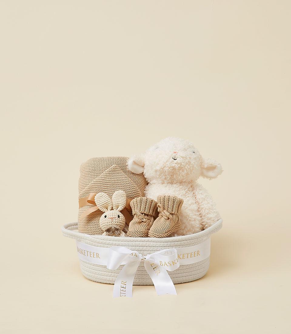 A welcoming baby gift set featuring a soft lamb toy, baby booties, a blanket, and a bunny rattle.