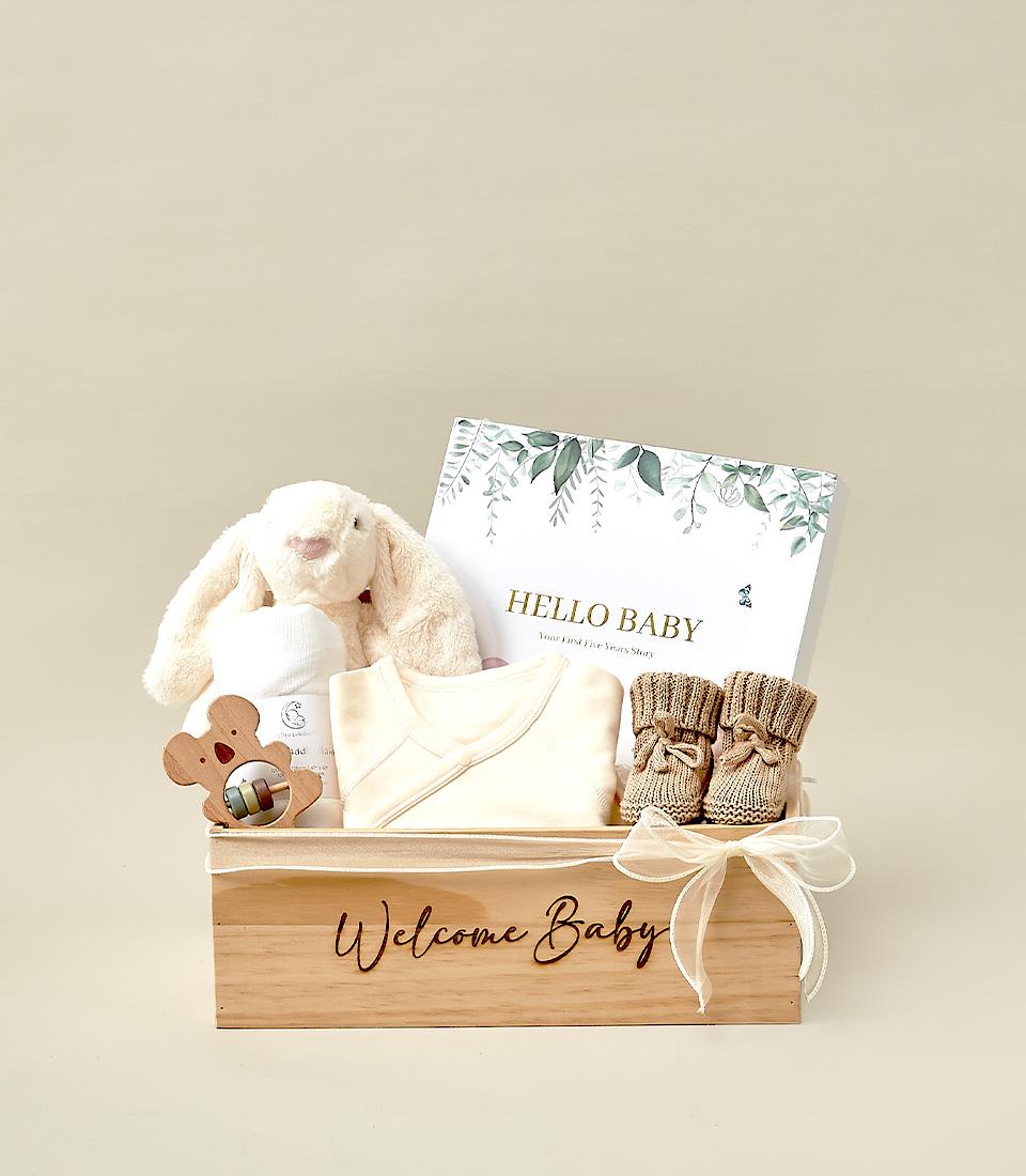A welcoming baby gift set featuring a bunny toy, baby clothes, a book, and other essentials.