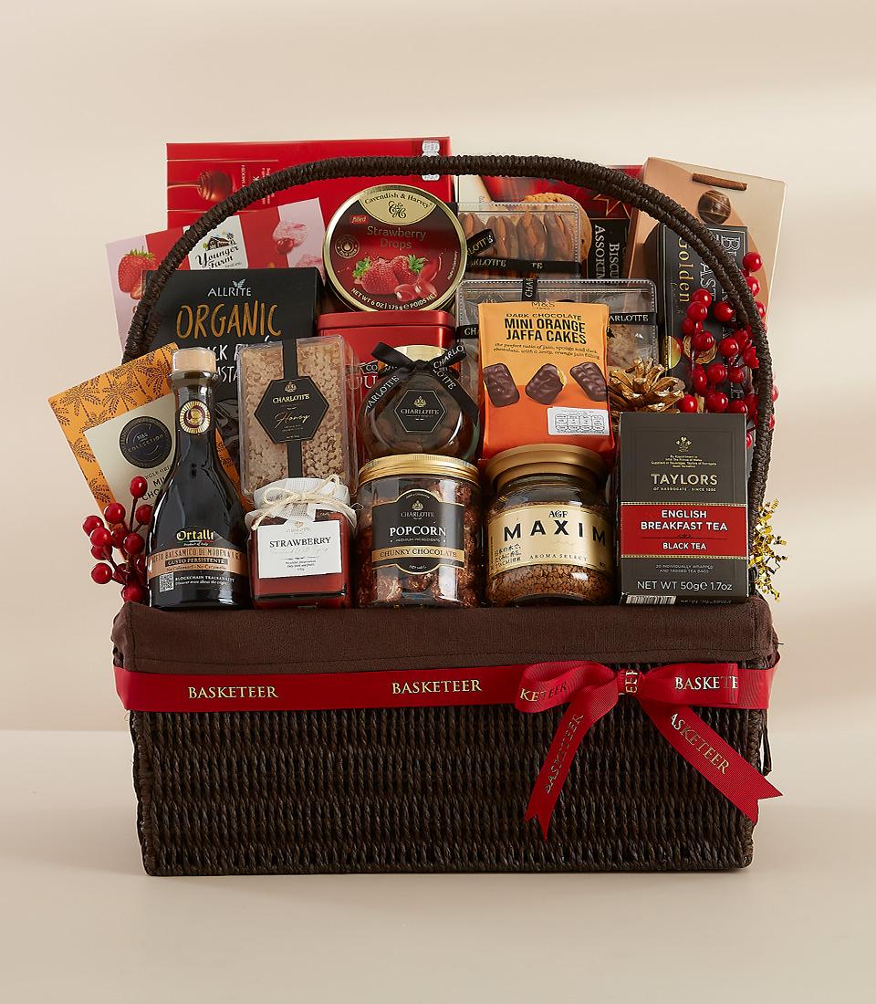 A holiday gift basket containing indulgent food items, perfect for gifting or enjoying yourself.
