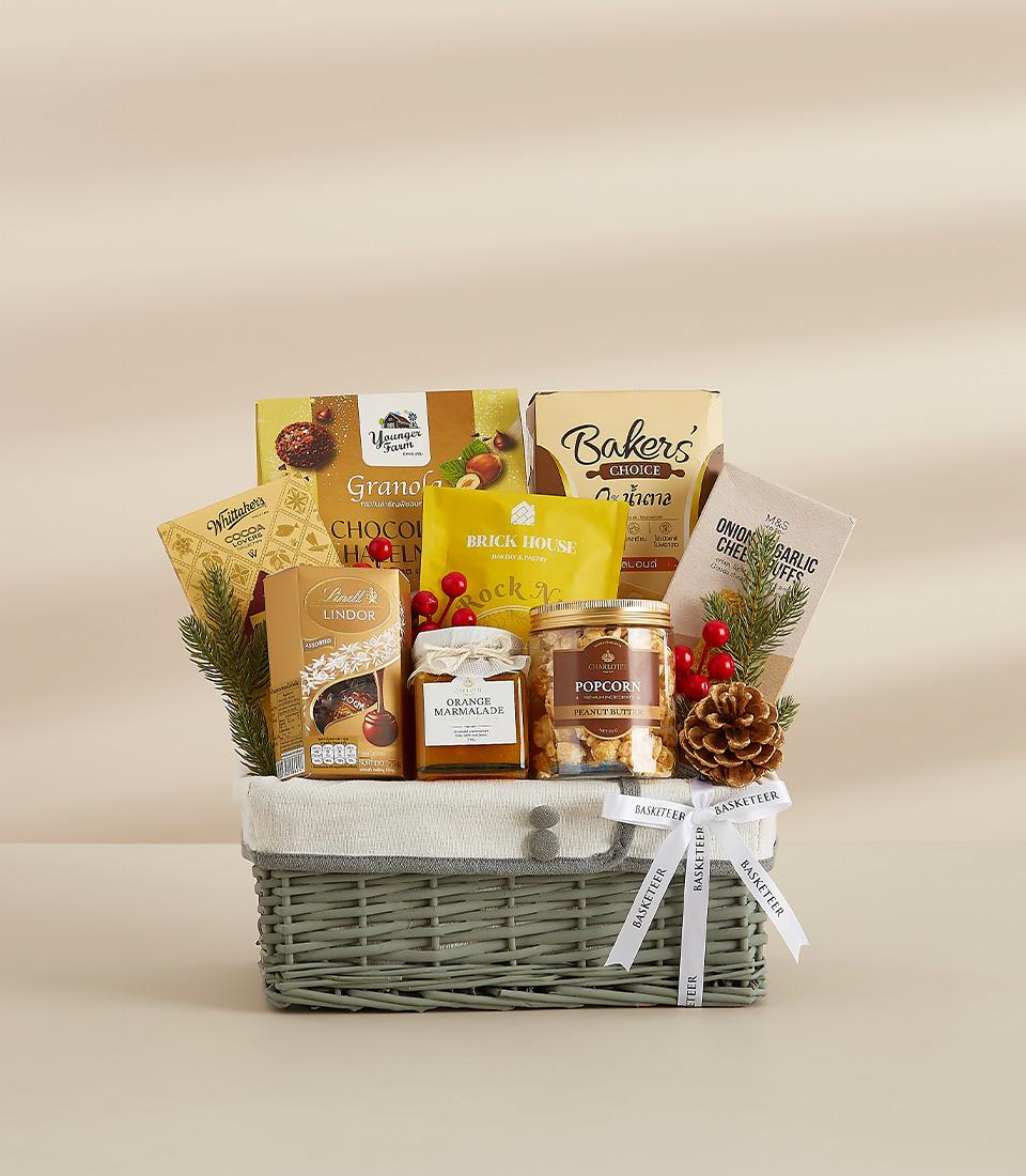 A luxurious hamper filled with premium international products, known for their quality and taste.