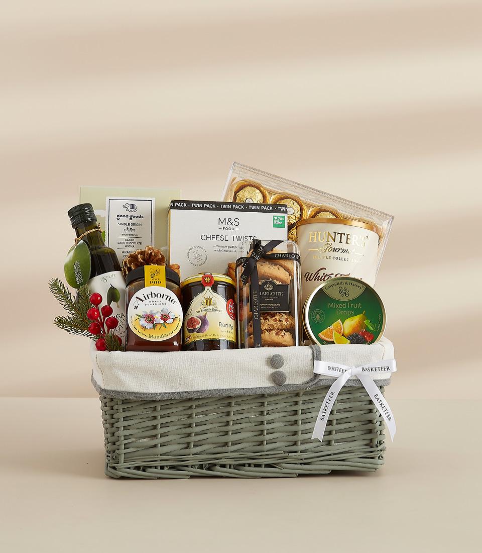 A luxurious hamper filled with premium international products, known for their quality and taste.