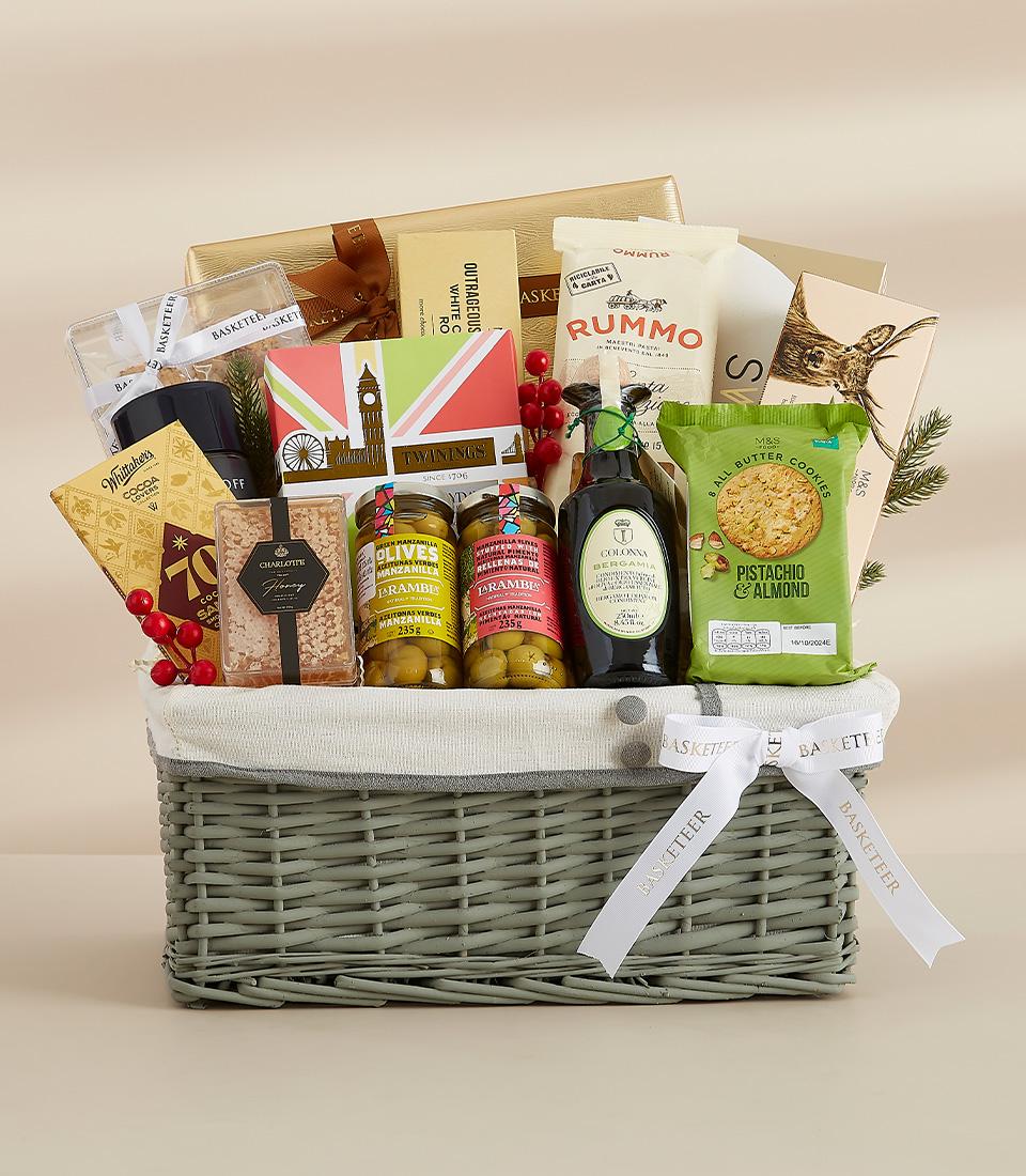 A luxurious hamper filled with premium international products, known for their quality and taste.