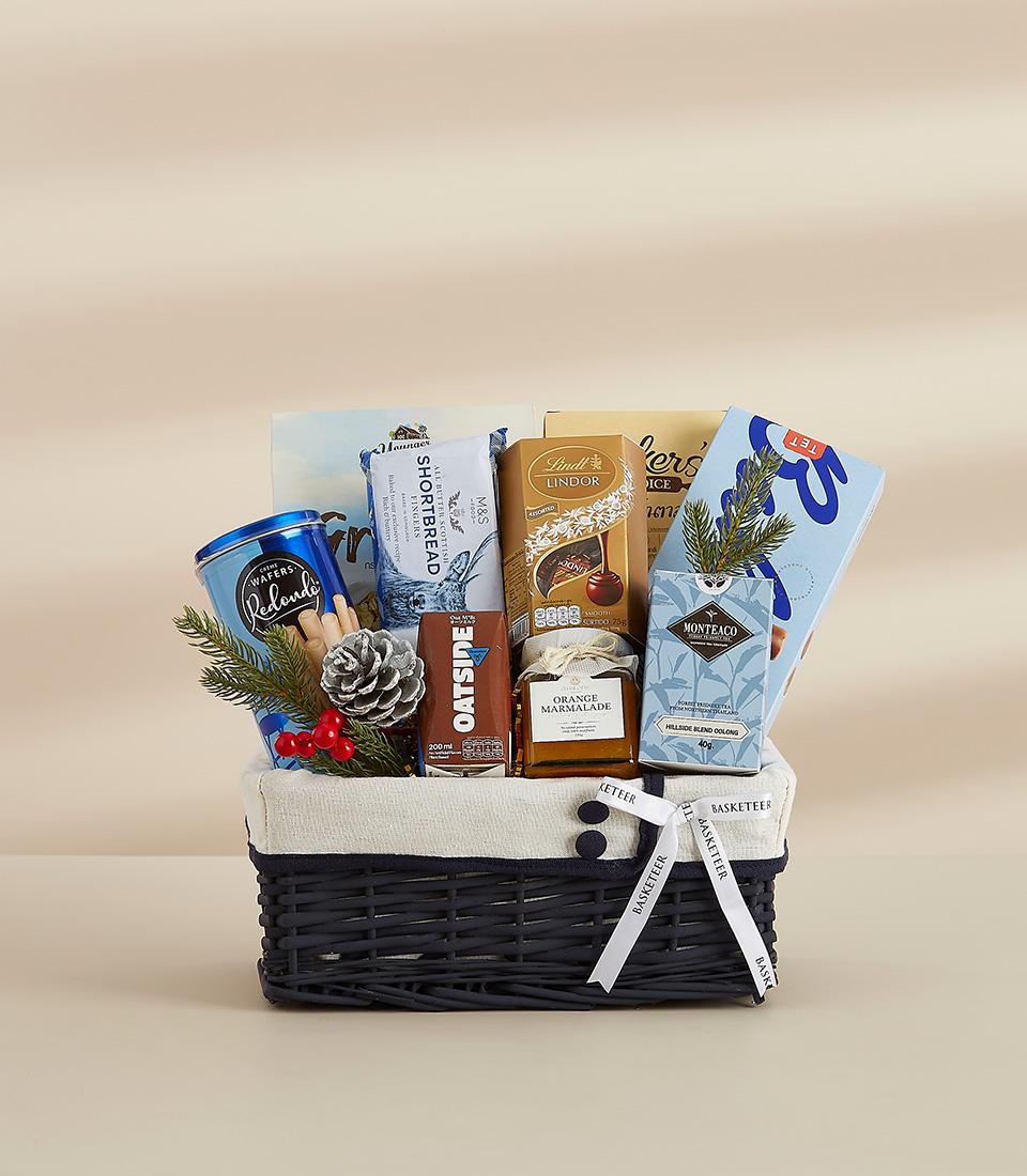 A luxurious hamper filled with premium international products, known for their quality and taste.