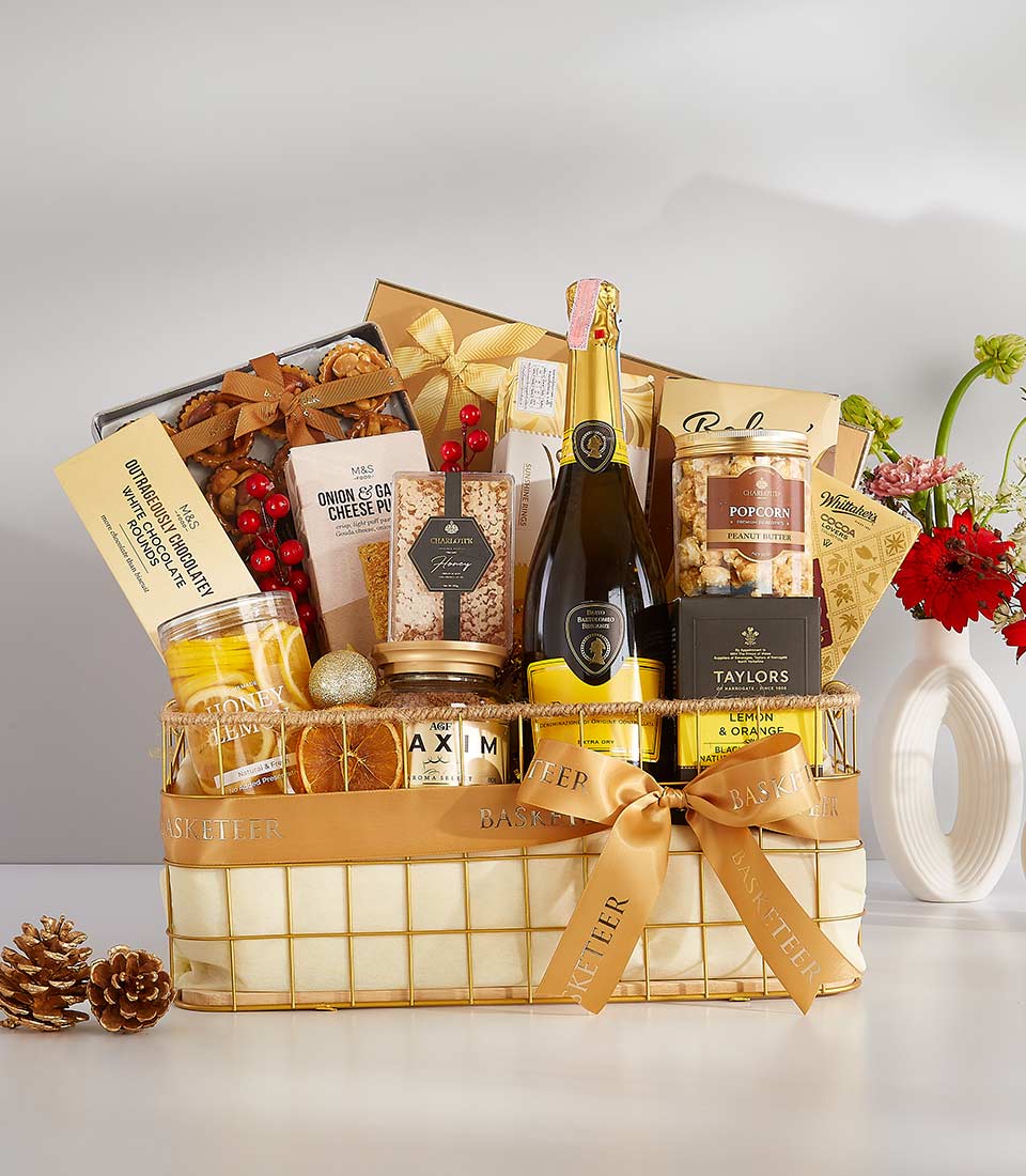 A luxurious gift basket overflowing with festive goodies, perfect for any occasion.