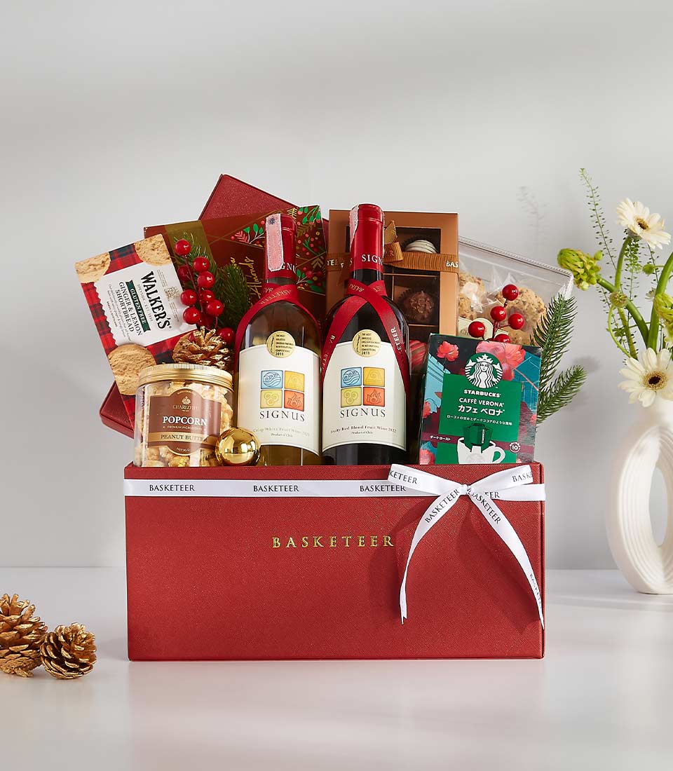 This elegant gift basket is filled with a variety of gourmet treats, including fine wines, gourmet chocolates, and other delectable snacks.