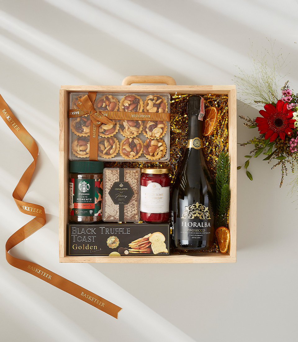 Floralba Prosecco gift box with nut tarts, truffle toast, honey, and jam.