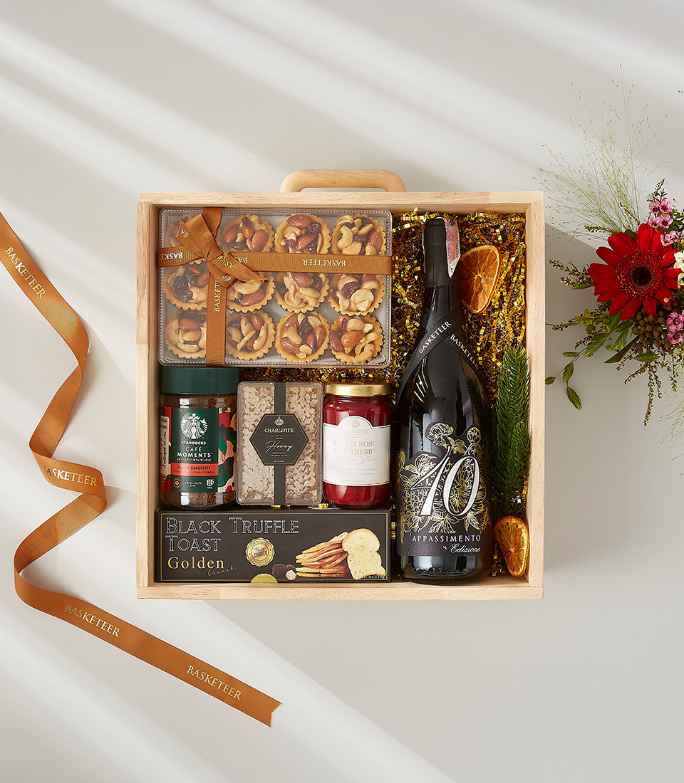 Floralba Prosecco gift box with nut tarts, truffle toast, honey, and jam.
