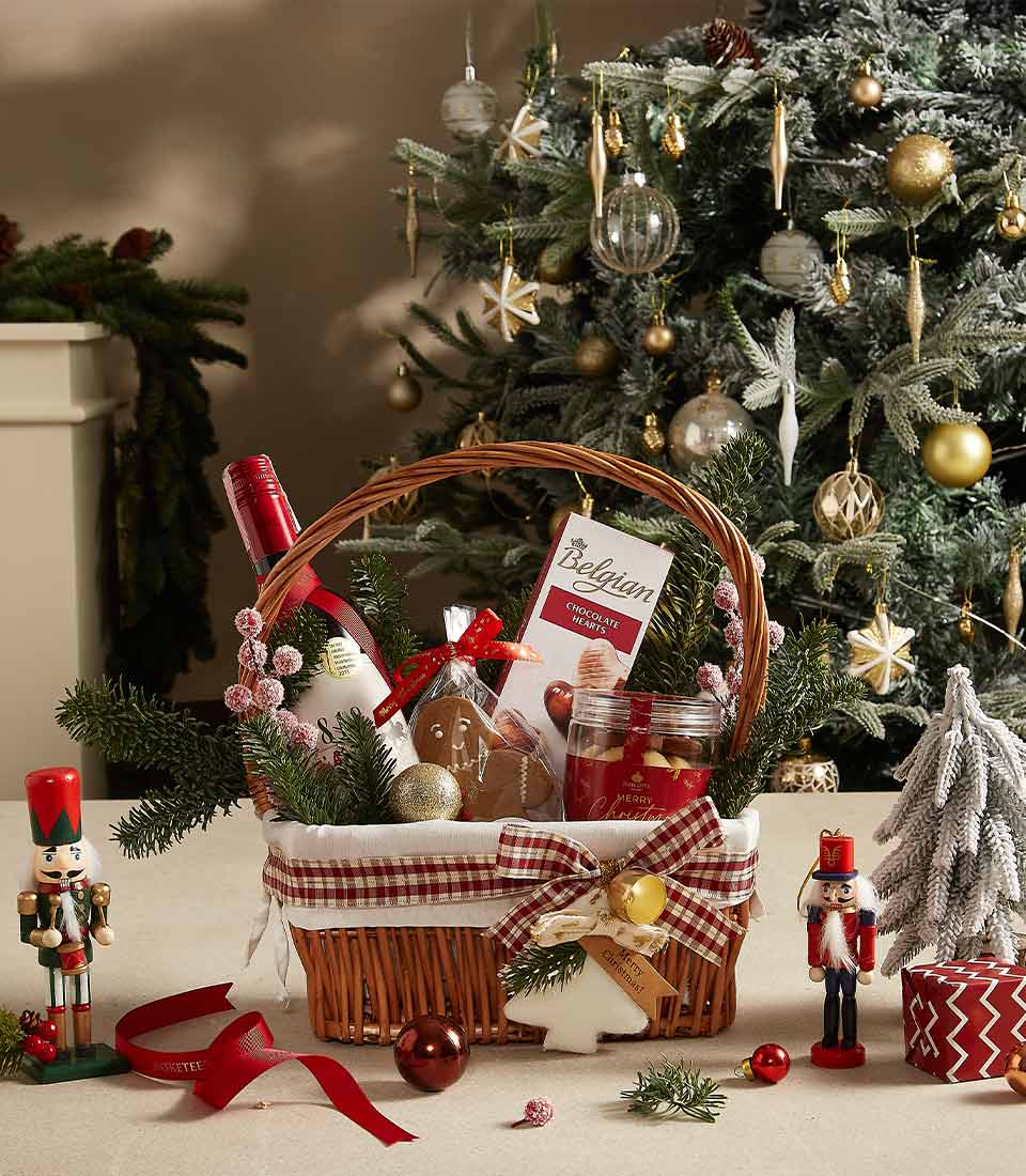 Holiday gift basket with Belgian chocolate, cookies, and festive decor, ideal for spreading holiday cheer.