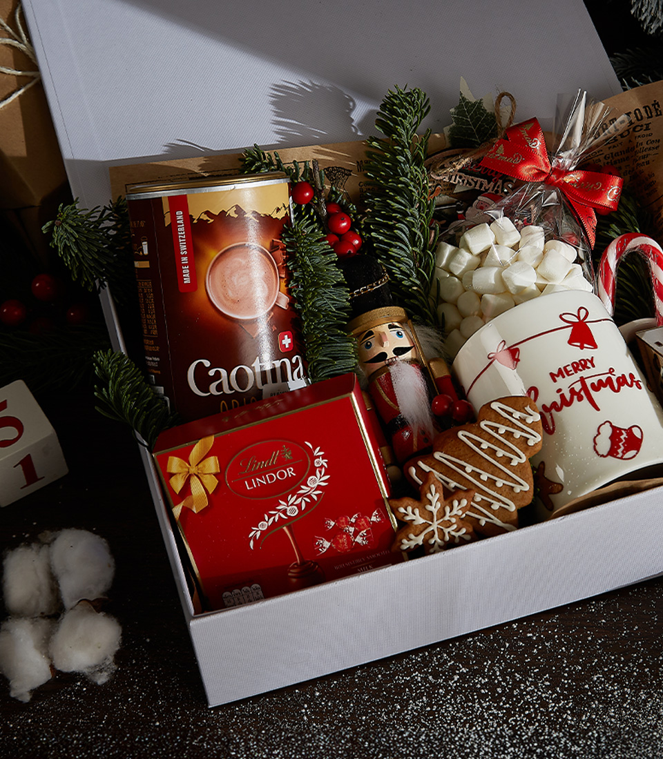 Close-up of a Holiday gift box containing Swiss hot chocolate mix, 