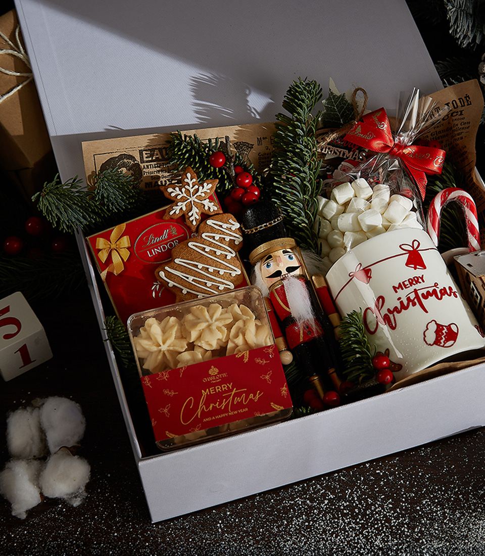 Close-up of a Festive gift box with Lindt chocolates, 