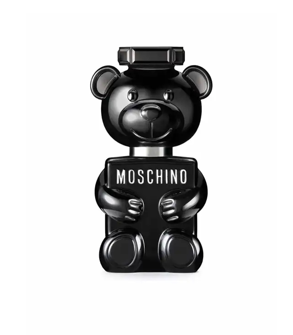 Moschino Toy Boy Eau de Parfum 100ml in a glossy black teddy bear-shaped bottle with matching black packaging.