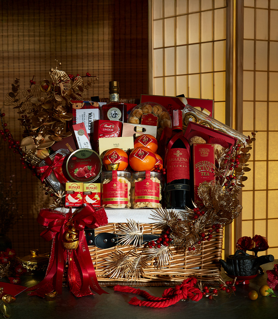 Premium Lunar New Year Celebration Basket with fresh oranges, fine teas, gourmet snacks, and festive treats.