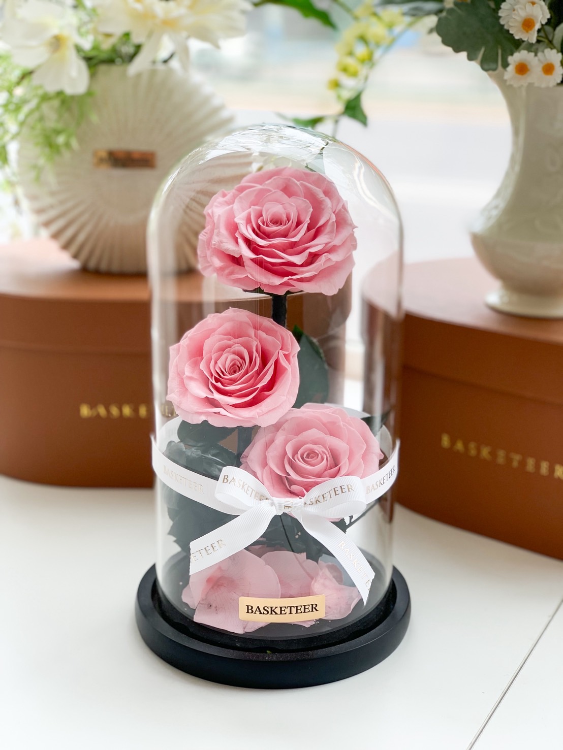 Elegant pink preserved roses in a clear glass dome with white Basketeer ribbon on black base.