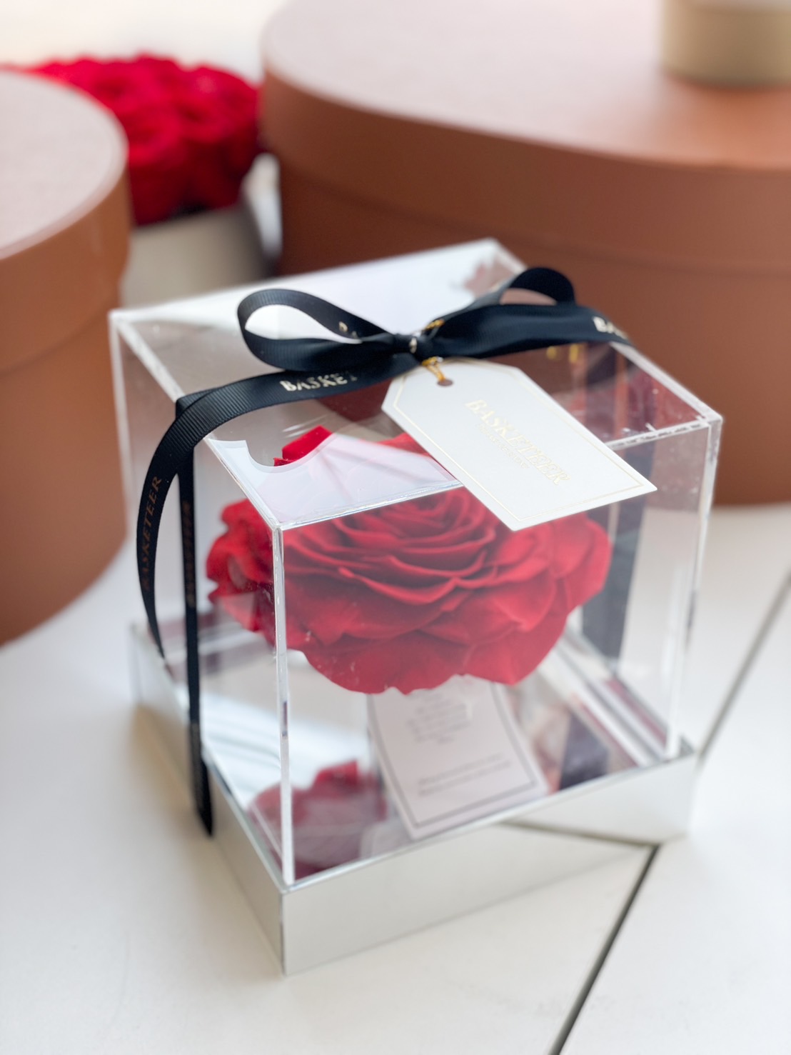 A stunning single preserved red rose elegantly displayed in a clear acrylic gift box with a mirrored base. The box is wrapped with a black satin ribbon featuring the 