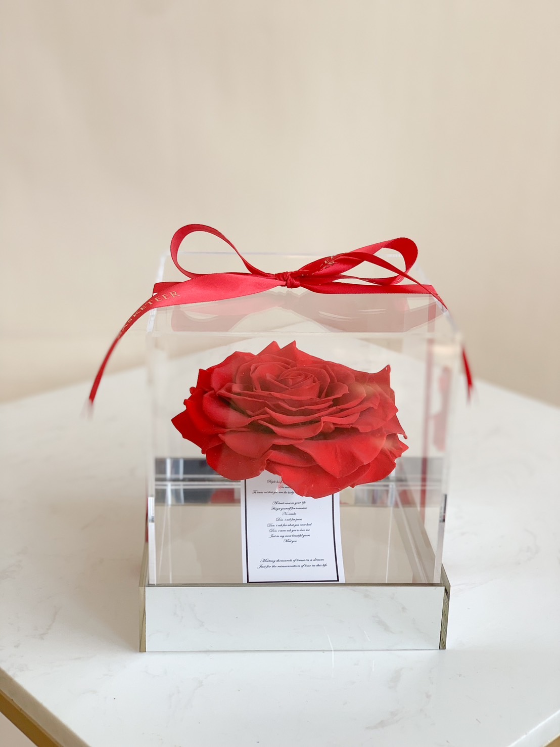 A single red preserved rose displayed in a clear acrylic box with a reflective base, tied with a red Basketeer ribbon.
