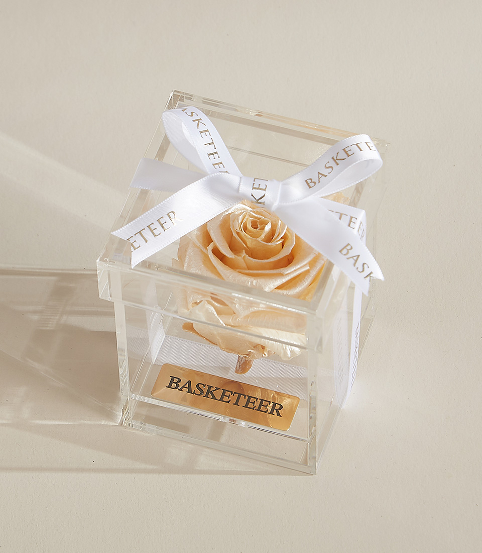A single gold preserved rose displayed in a transparent acrylic box with a gold-engraved Basketeer nameplate.