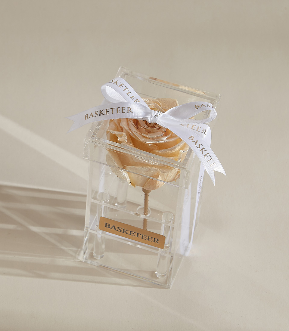 A sari - Metalized & Pearl preserved rose with a gold-plated stem, showcased in a transparent acrylic box with a gold-engraved Basketeer nameplate and a black ribbon.