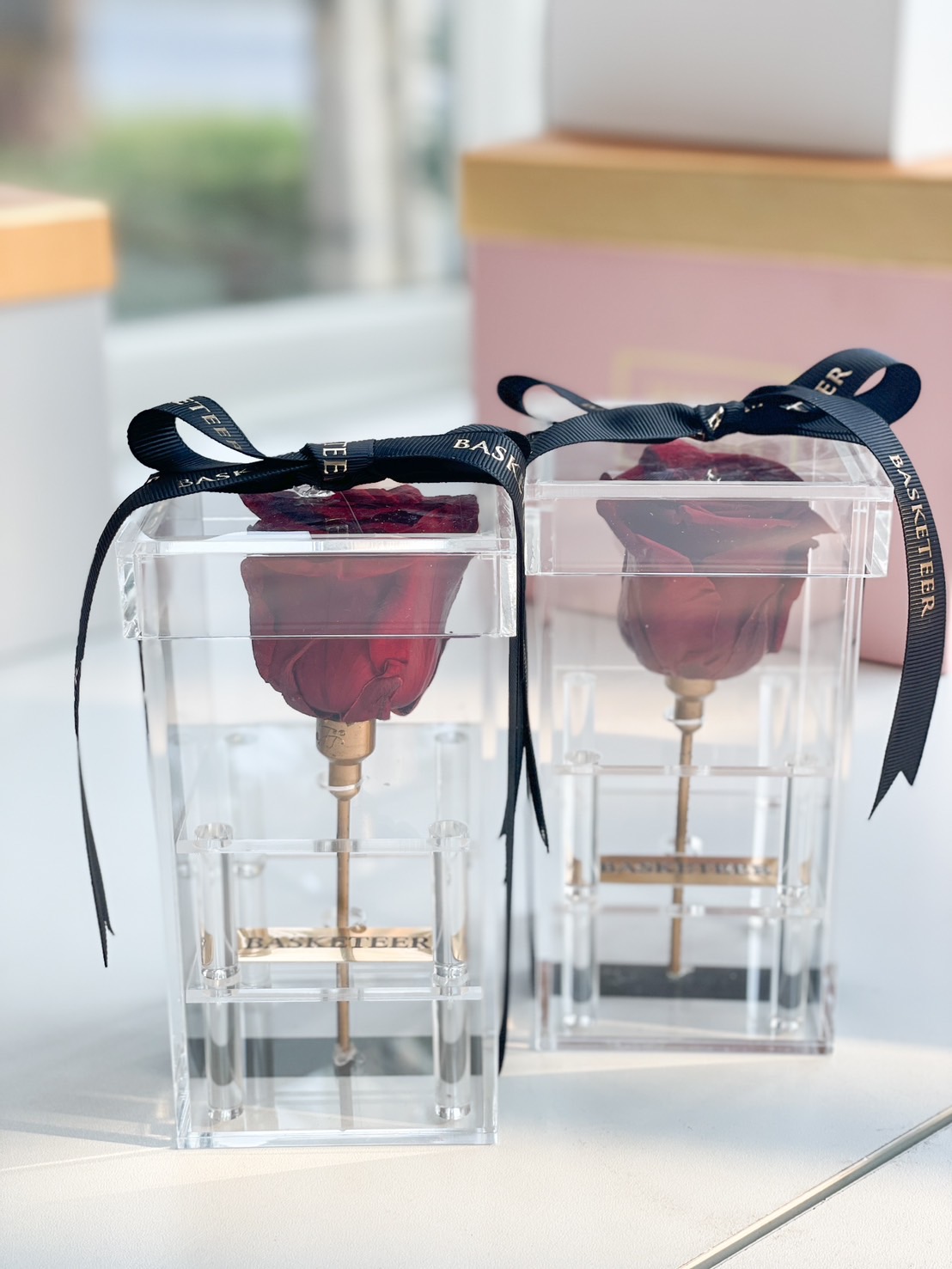 Elegant red preserved rose in a modern acrylic display case with gold stem detailing, wrapped in a luxury black ribbon.