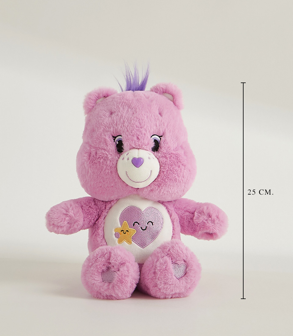 Soft and cuddly pink plush bear with a heart and star design on its belly, perfect for kids and collectors.
