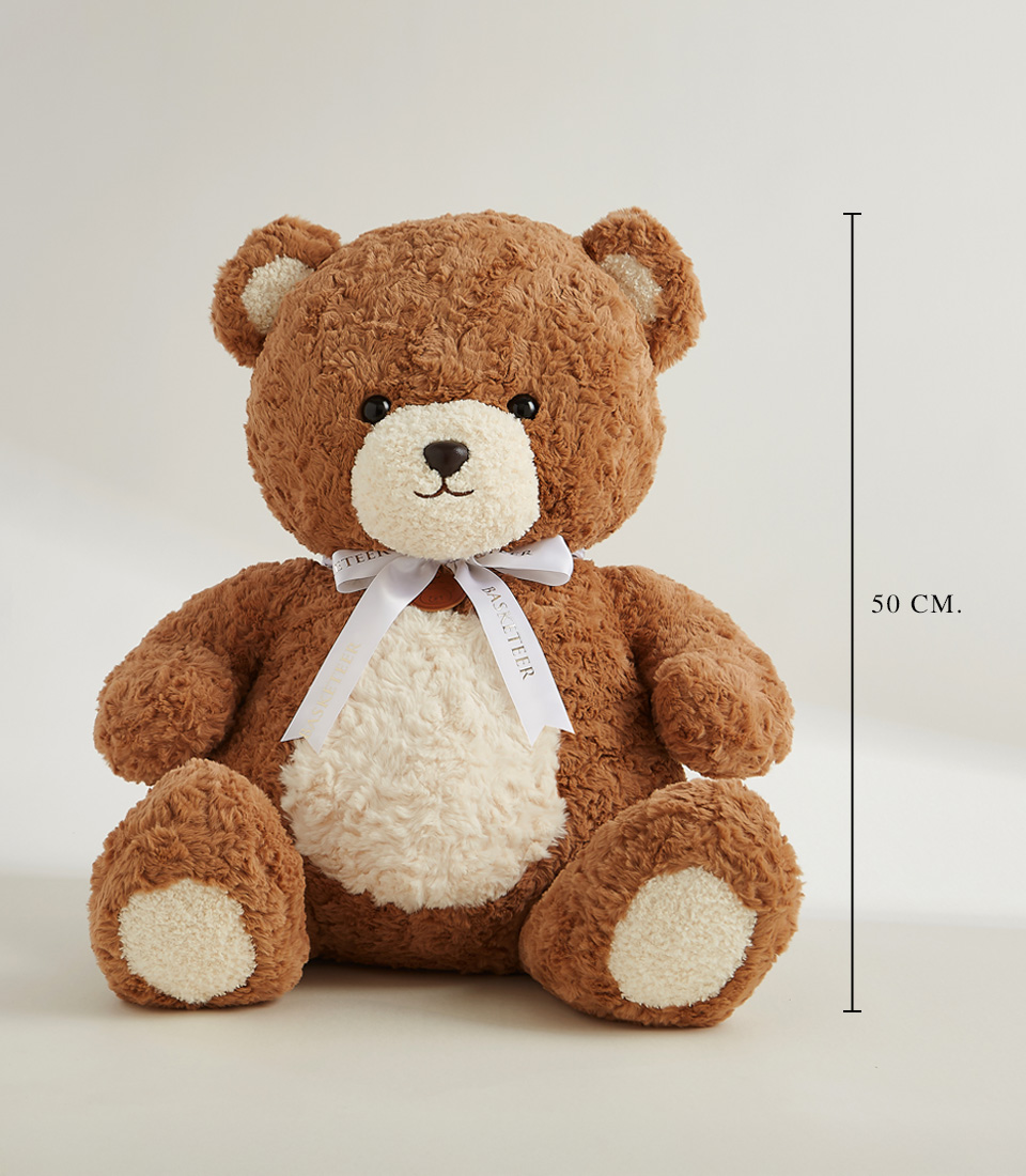 Large brown plush teddy bear with a white belly and a white ribbon, soft and huggable, perfect for gifting and snuggles.