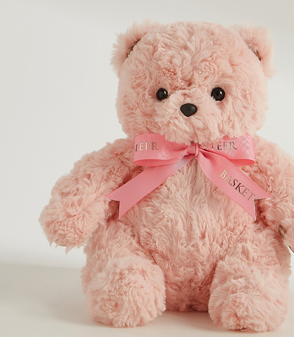 Soft pink plush teddy bear with a charming pink bow, perfect for cuddles, gifting, and special occasions.