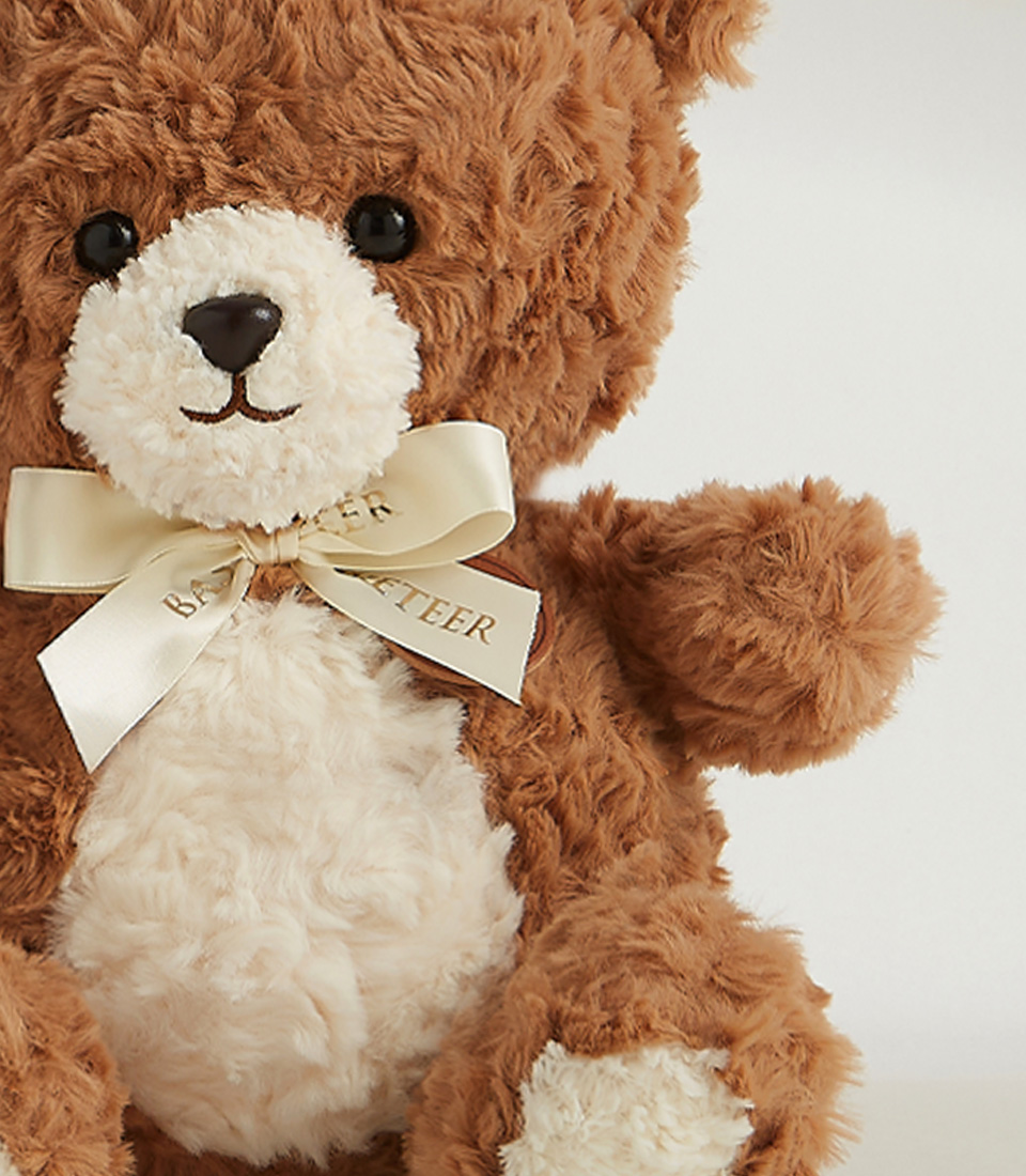 Soft brown plush teddy bear with a creamy white belly and a satin ribbon, perfect for cuddles and gifting.