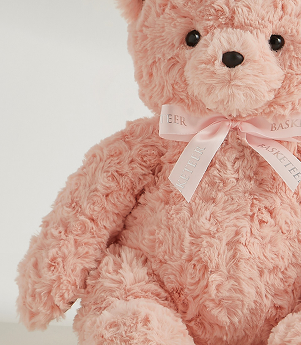 Soft pink plush teddy bear with a delicate pink ribbon, perfect for cuddling, gifting, and special occasions.