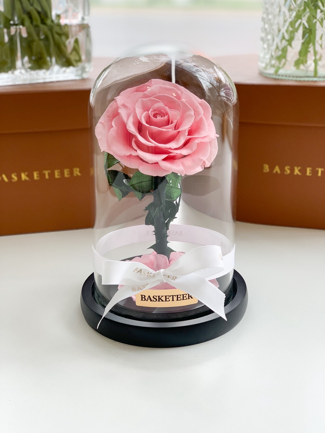 Elegant preserved pink rose displayed in a glass dome with a black wooden base and white ribbon, perfect for romantic or luxury gifting.