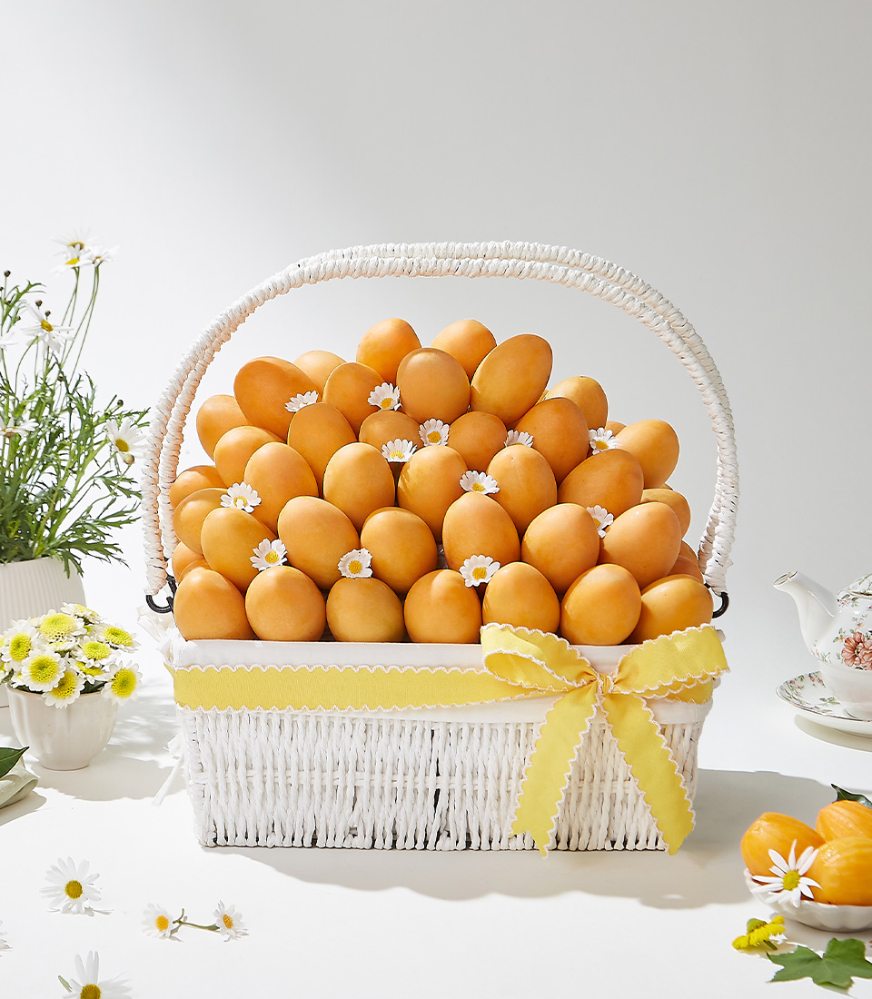 A white wicker basket filled with 4 kg of premium Mayongchids from Nakhon Nayok beautifully arranged with white daisies and a yellow ribbon