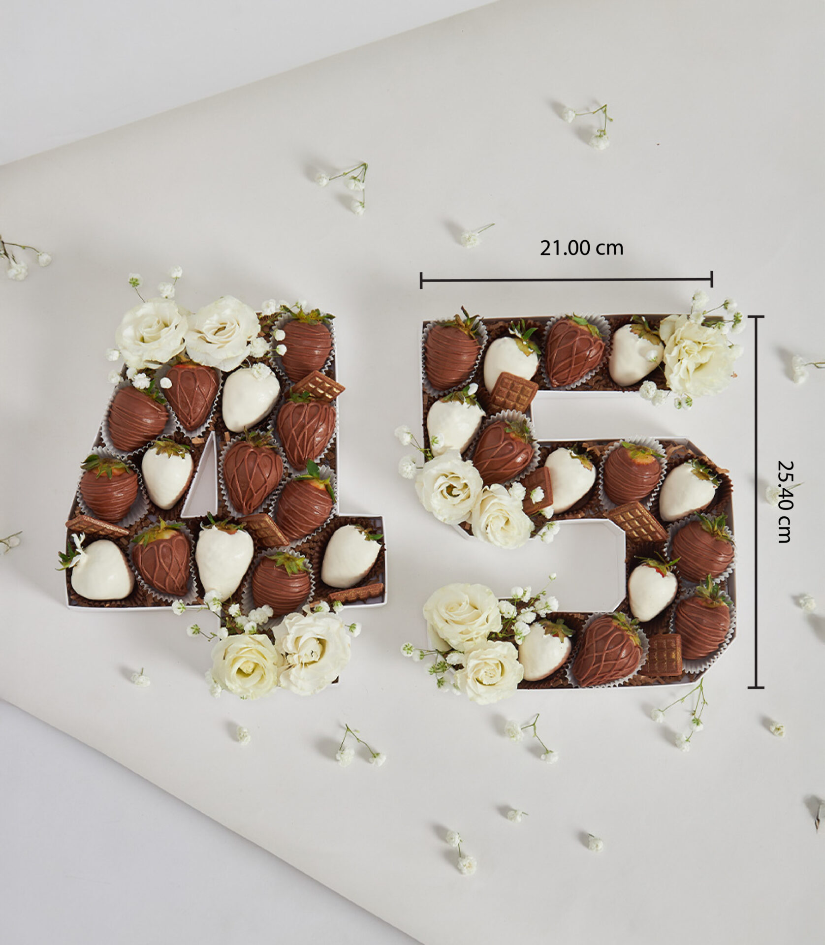 Number 45 chocolate strawberry box with white roses and baby’s breath