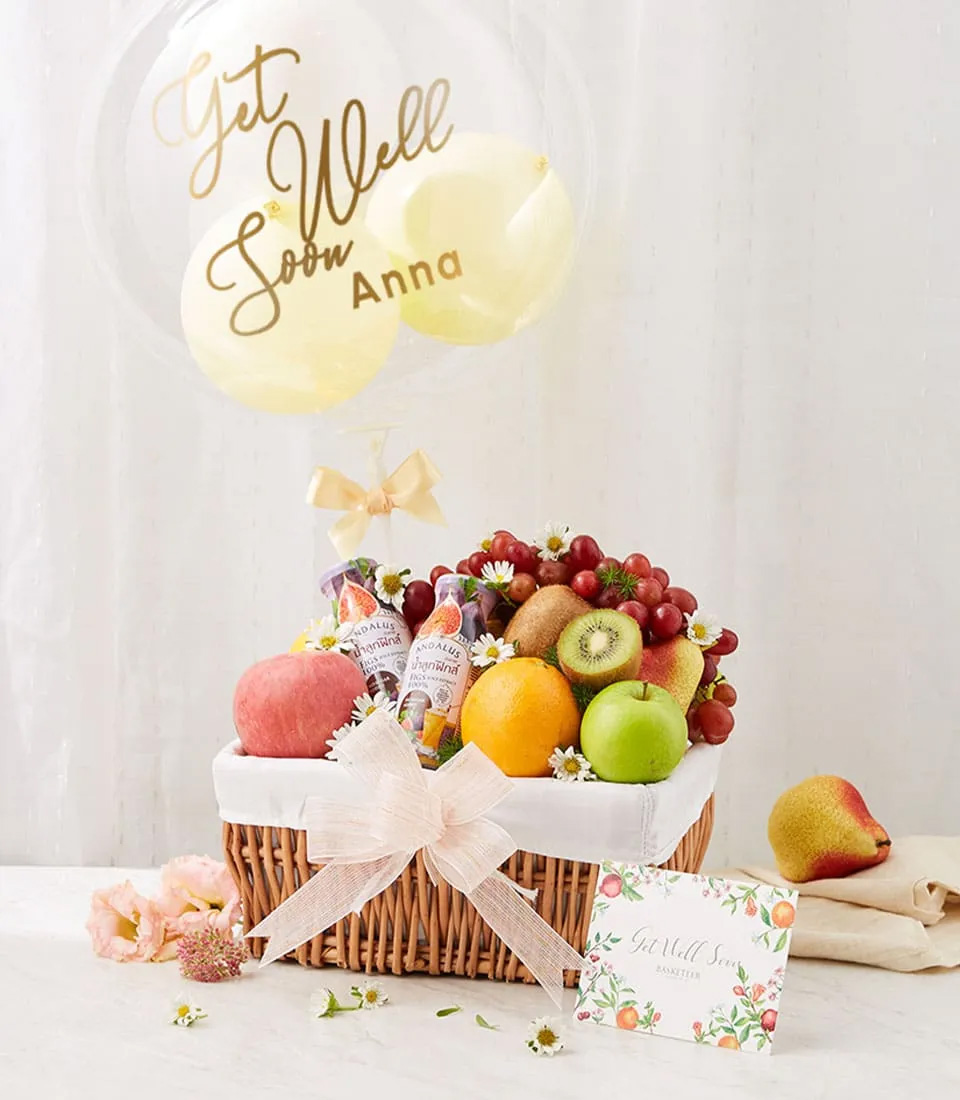 Fresh fruit basket with personalised “Get Well Soon” balloon and wellness card