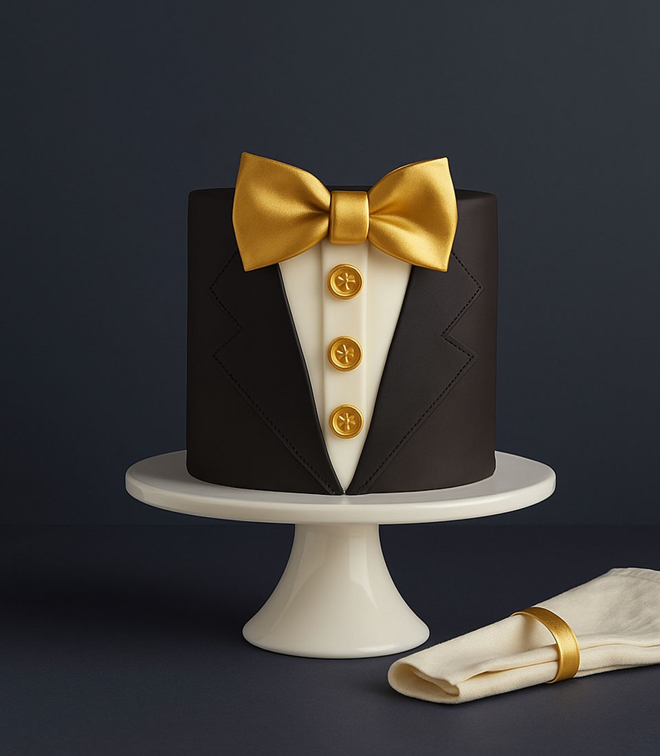 A cake decorated to look like a tuxedo with a gold bow tie and gold buttons sits on a white cake stand. A folded napkin with a gold ring is placed beside it against a dark background.